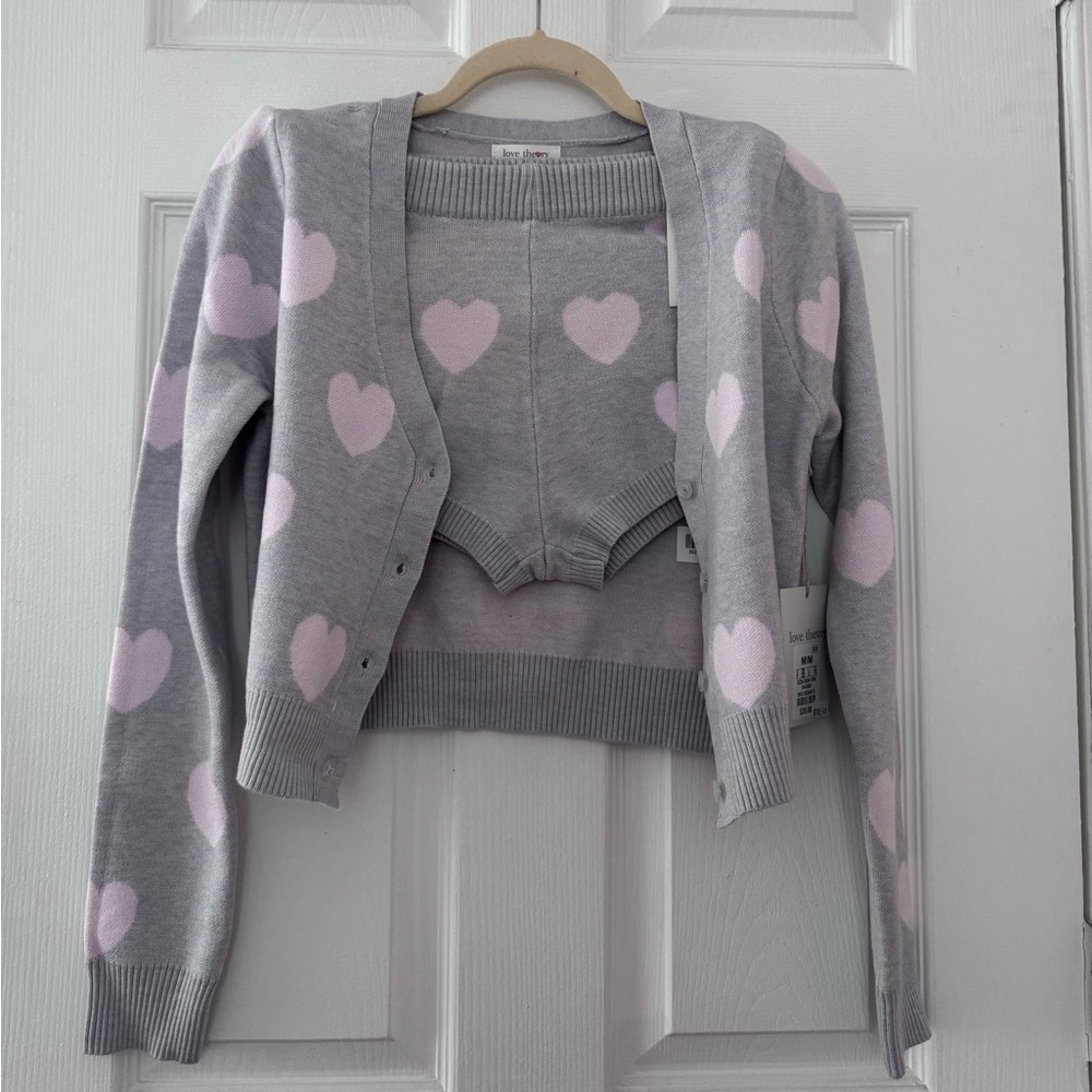 Gray Cardigan and shorts Set with Pink Hearts